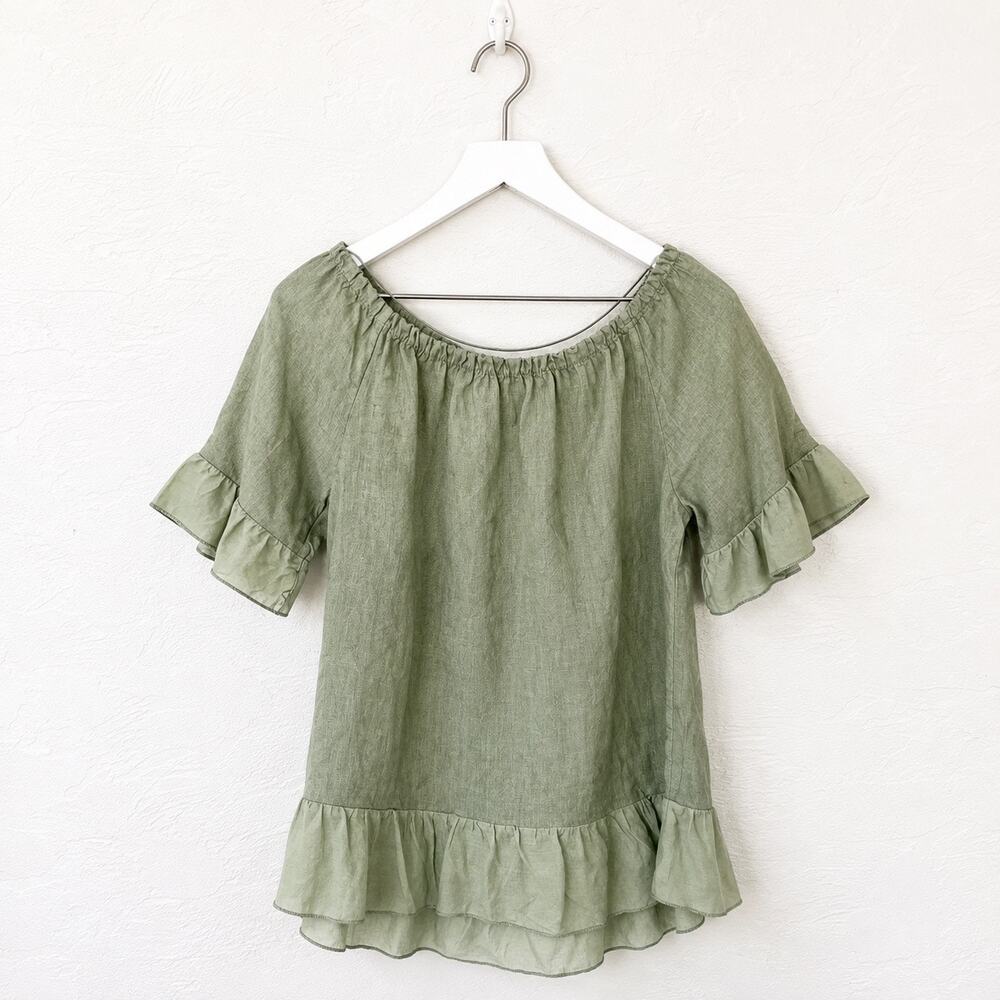 Terzo Millennio Sage 100% Linen Ruffle Top M Made Italy Lagenlook Coastal